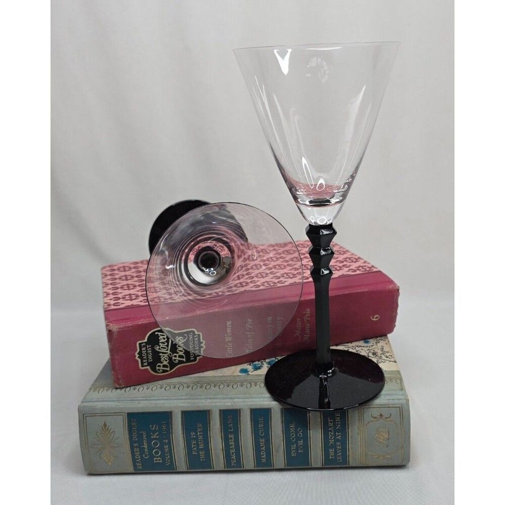 Vintage Sasaki Black Tie Crystal Martini Glasses | Pair | Black Geometric Stem - Picture 3 of 11